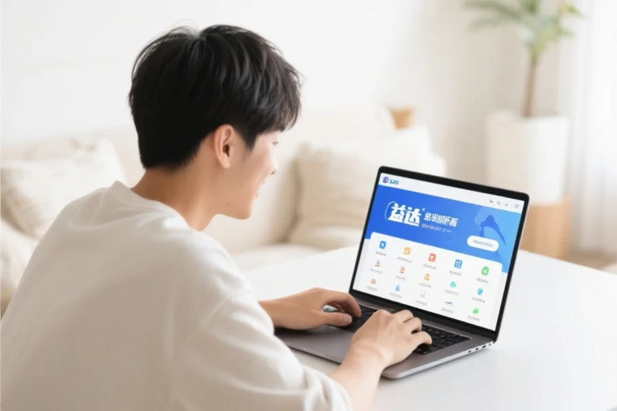 一位年轻用户在明亮舒适的室内环境中愉快地使用笔记本电脑，屏幕上展示长征客户端新版界面